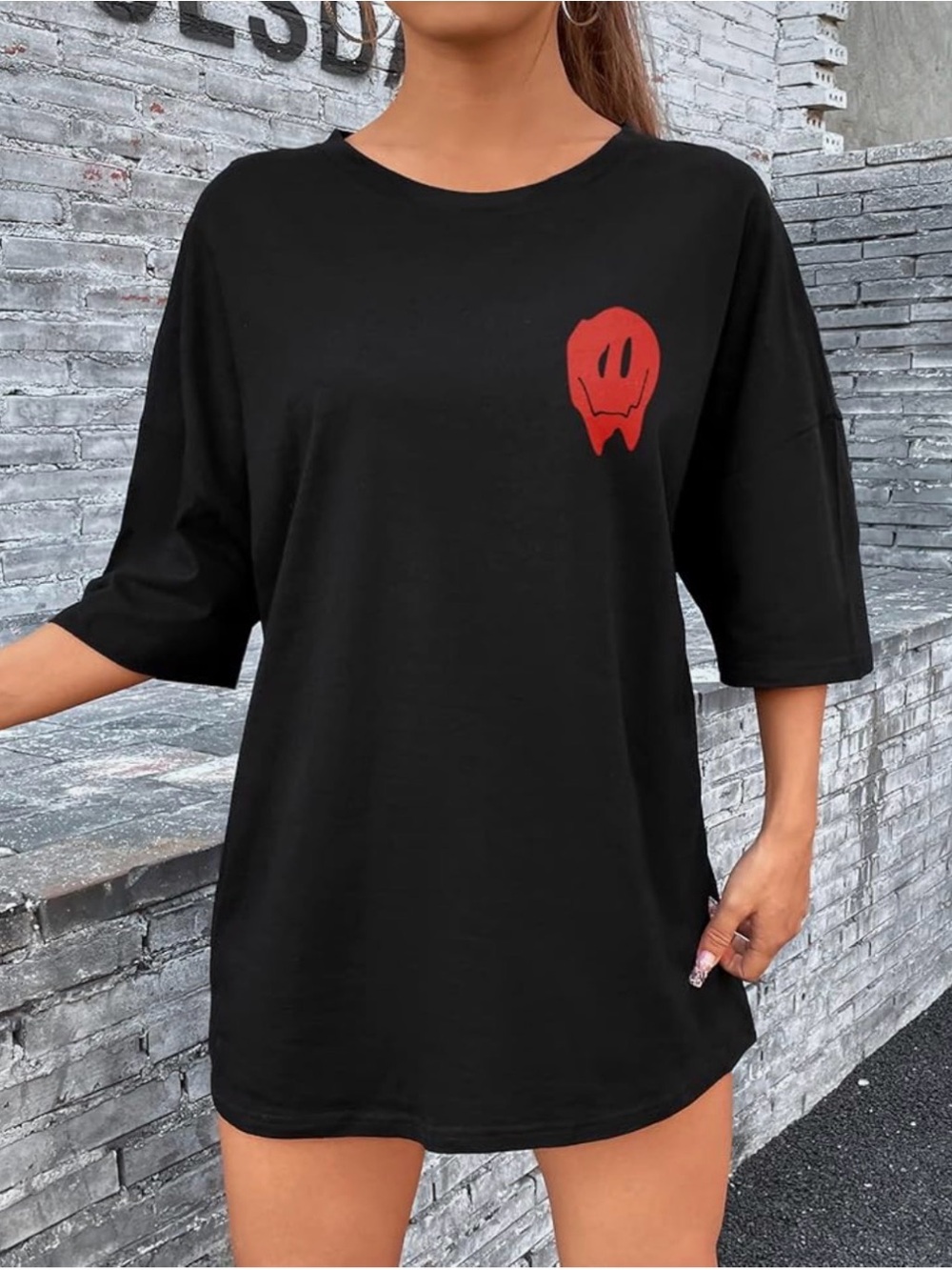 Black Short Sleeve Tee with Red Drip Smile Graphic